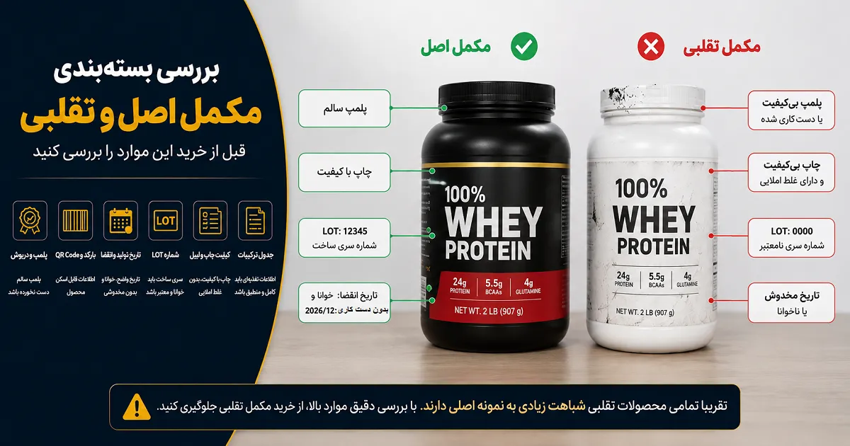 مقایسه بسته بندی مکمل اصل و تقلبی و بررسی پلمپ، کیفیت چاپ، شماره LOT و تاریخ انقضا