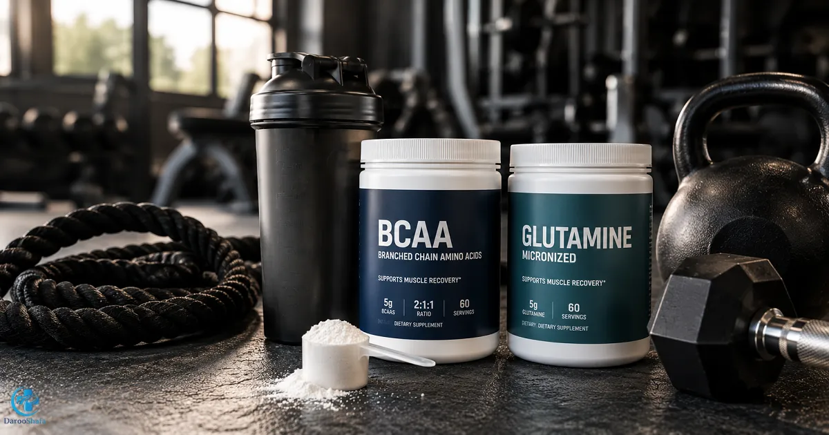 مکمل BCAA و گلوتامین در کنار شیکر و تجهیزات ورزشی