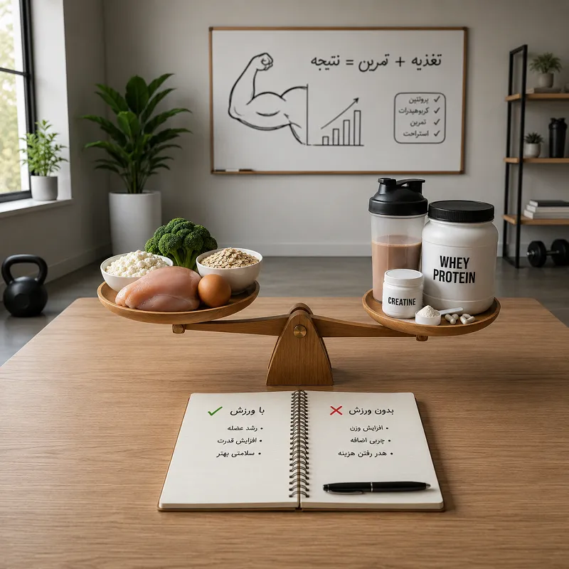 مصرف مکمل بدون ورزش در کنار پروتئین وی، کراتین و مواد غذایی پروتئینی