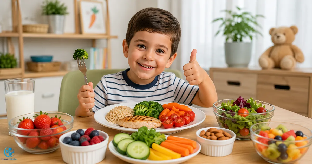 کودک در حال خوردن وعده غذایی متنوع شامل پروتئین، غلات، میوه و سبزیجات