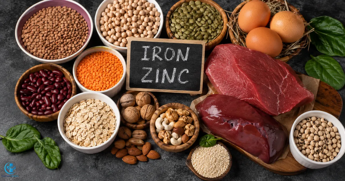 عدس، تخم مرغ، گوشت، حبوبات، مغزها و تخمه کدو به عنوان منابع آهن و زینک