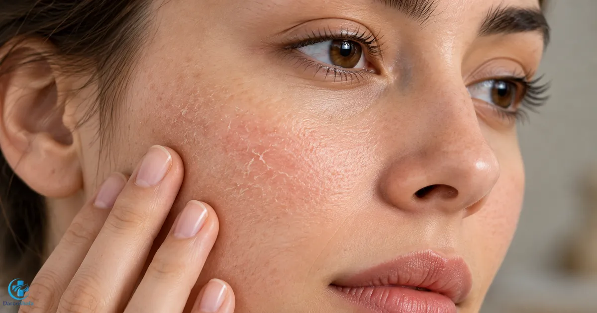 نمای نزدیک پوست صورت با خشکی، پوسته‌ ریزی و قرمزی ملایم