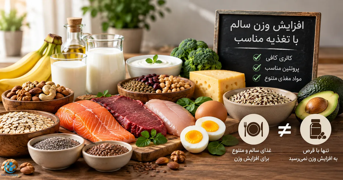 مواد غذایی مغذی و پرانرژی برای افزایش وزن سالم شامل پروتئین، لبنیات، مغزها، حبوبات و تخم مرغ