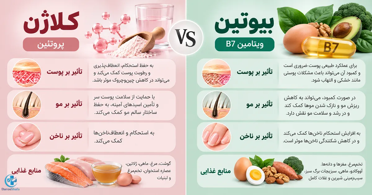 اینفوگرافیک تفاوت کلاژن و بیوتین برای پوست ، مو و ناخن