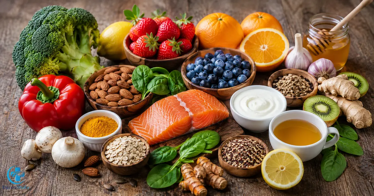 مواد غذایی مفید برای تقویت سیستم ایمنی شامل مرکبات، ماهی سالمون، سبزیجات، ماست، زنجبیل و مغزها