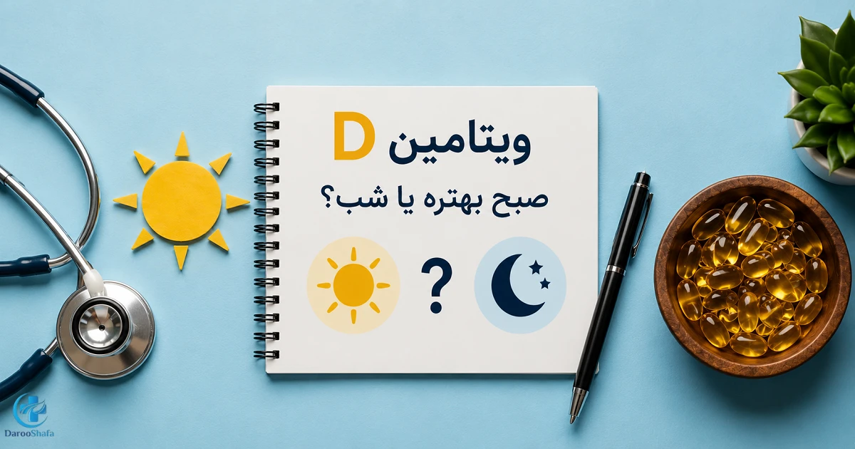 دفترچه راهنما و کپسول‌ های ویتامین D با نمایش مقایسه مصرف صبح و شب