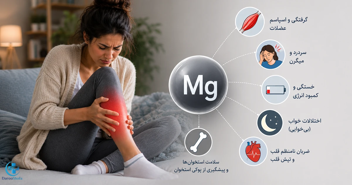 اینفوگرافیک علائم کمبود منیزیم شامل گرفتگی عضلات، میگرن، خستگی، بی‌ خوابی، تپش قلب و مشکلات استخوانی