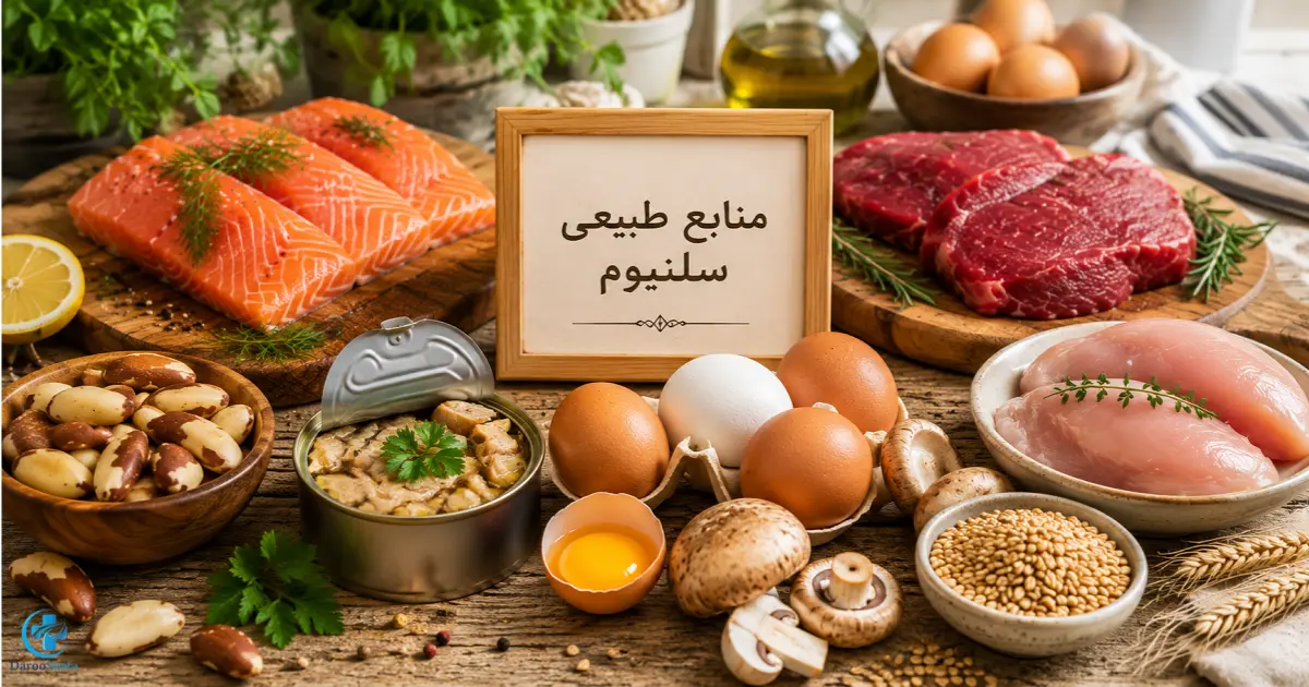 منابع غذایی سرشار از سلنیوم شامل آجیل برزیلی، ماهی، گوشت، تخم‌ مرغ، مرغ، قارچ و غلات کامل برای حفظ سلامت مو
