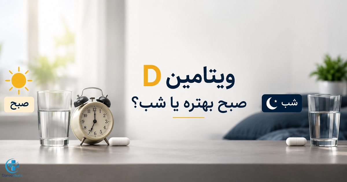 ساعت، لیوان آب و قرص ویتامین D با نماد صبح و شب برای نمایش بهترین زمان مصرف