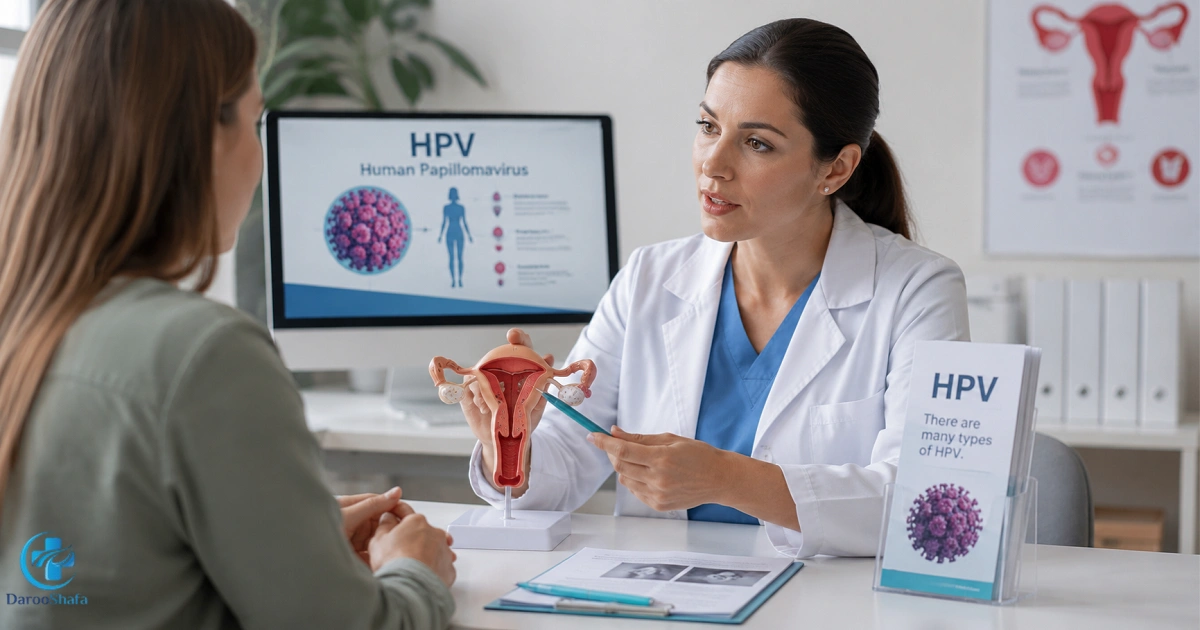 پزشک در حال توضیح نتیجه آزمایش HPV و اقدامات بعد از دریافت جواب آزمایش