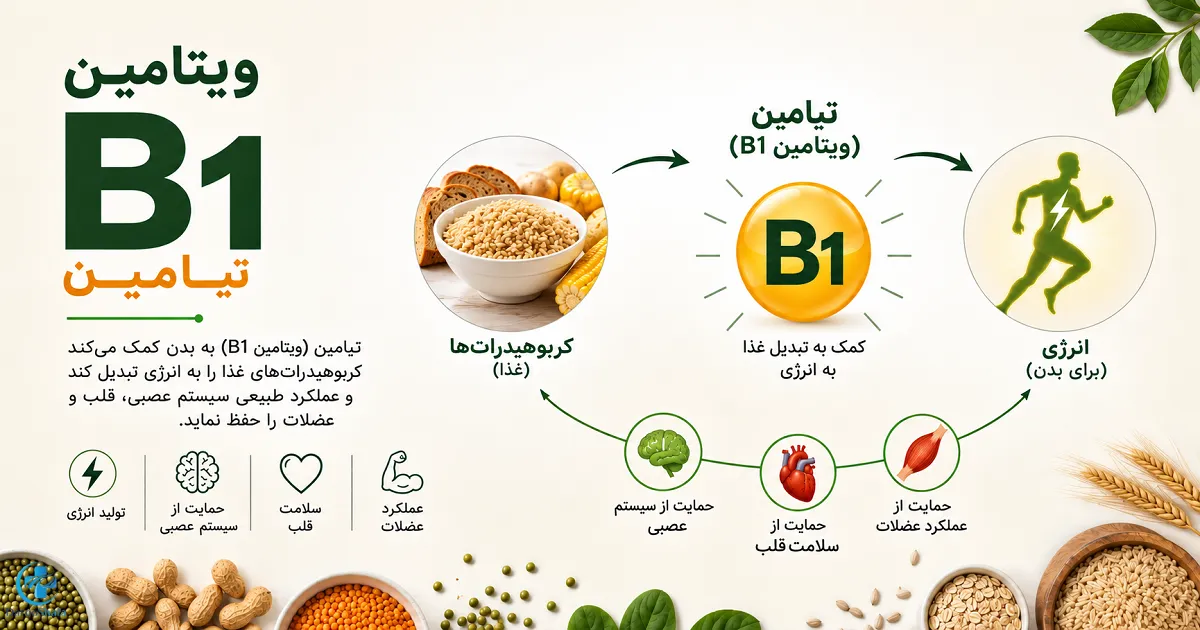اینفوگرافیک نحوه نقش ویتامین B1 در متابولیسم غذا و عملکرد سیستم عصبی، قلب و عضلات