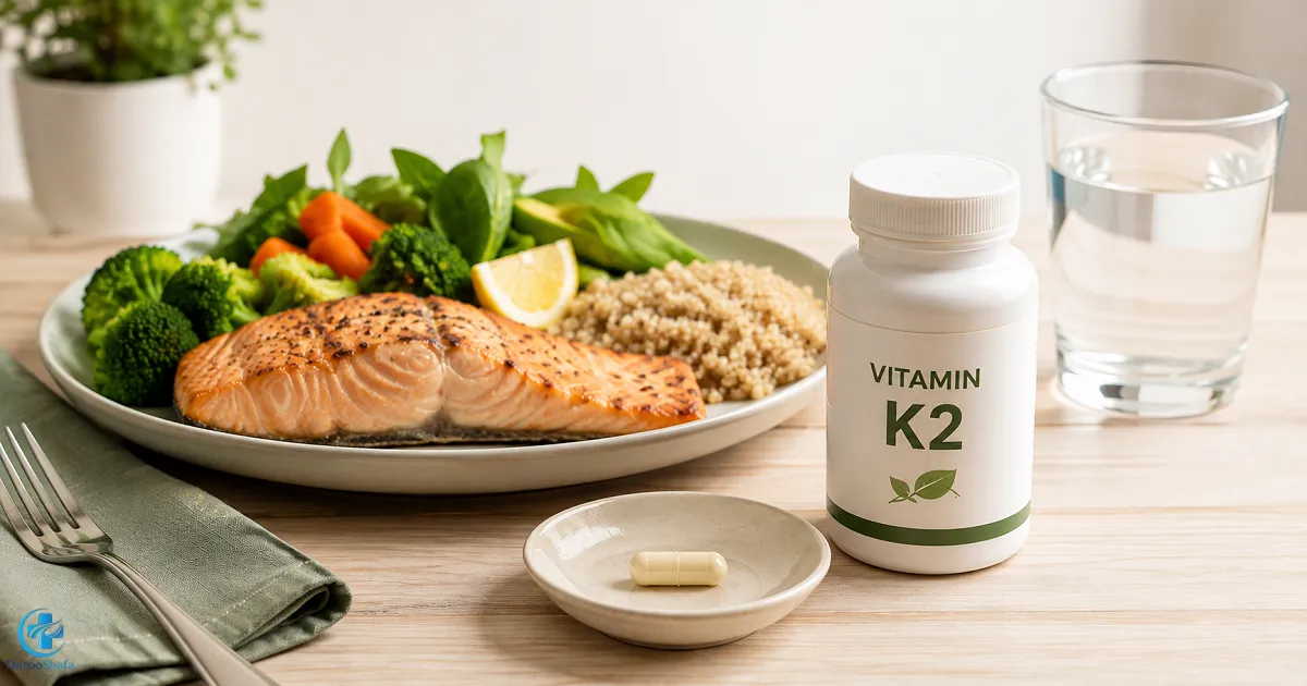 مکمل ویتامین K2 در کنار وعده غذایی و یک لیوان آب برای نمایش نحوه مصرف K2