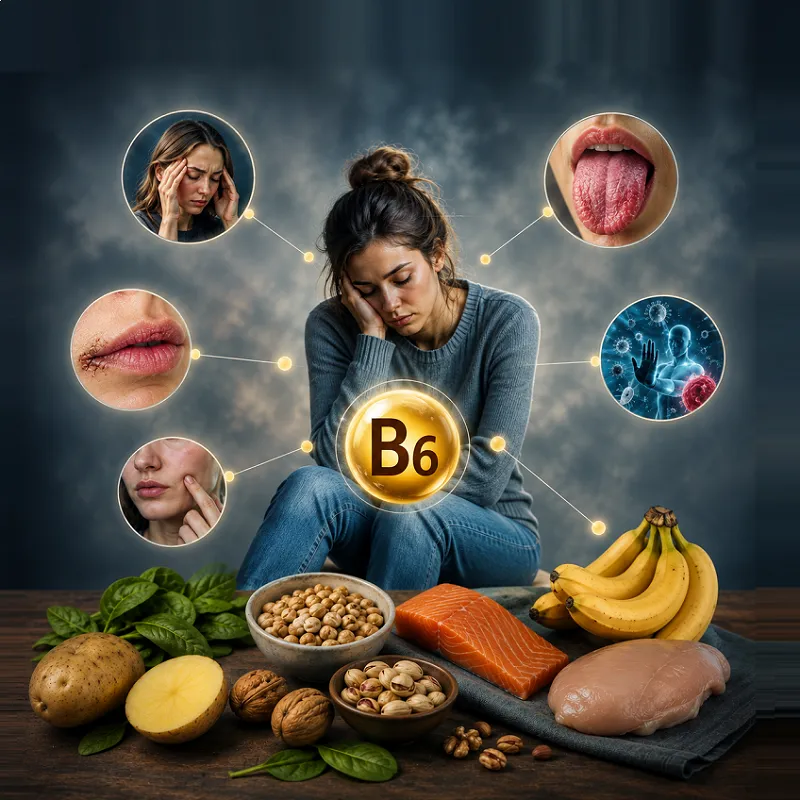 علائم کمبود ویتامین B6 شامل خستگی، ترک لب، التهاب زبان و ضعف سیستم ایمنی