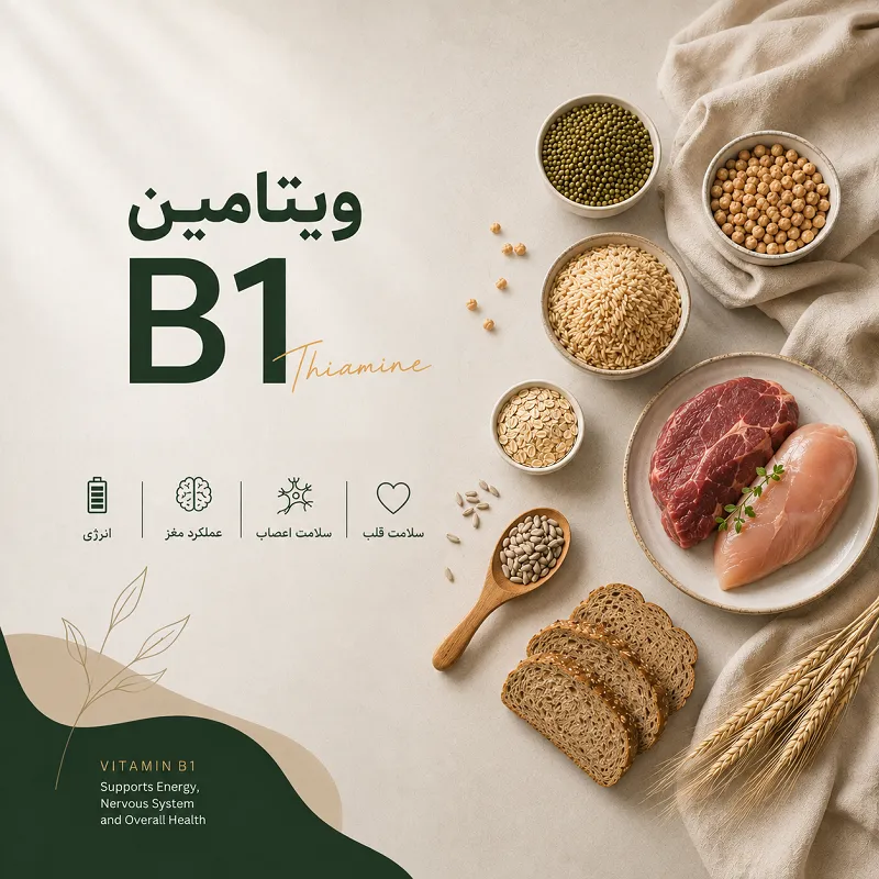ویتامین B1 یا تیامین در کنار منابع غذایی مانند غلات، حبوبات، گوشت و نان سبوس‌ دار