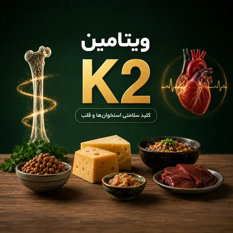 ویتامین K2 در کنار استخوان، قلب و منابع غذایی مانند پنیر، تخم‌ مرغ، گوشت و غذاهای تخمیری