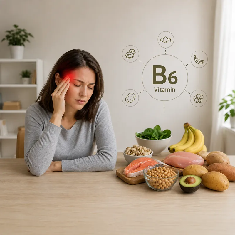 فرد مبتلا به میگرن در کنار مواد غذایی حاوی ویتامین B6