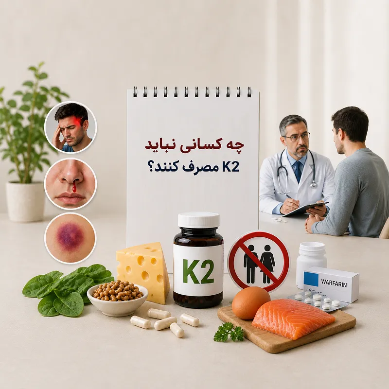 تصویر راهنمای چه کسانی نباید مکمل K2 مصرف کنند با نمایش وارفارین، پزشک و مکمل ویتامین K2