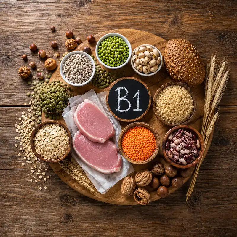 منابع ویتامین B1 شامل غلات کامل، حبوبات، گوشت، مغزها و دانه‌ ها