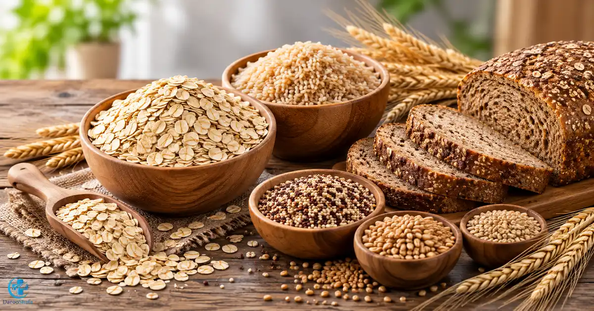 غلات کامل حاوی ویتامین B1 شامل جو دوسر، نان سبوس‌ دار و انواع غلات