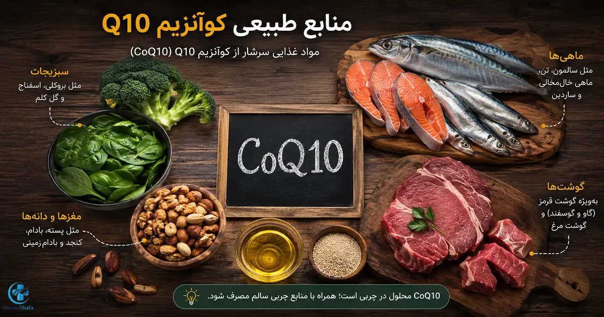 منابع غذایی کوآنزیم Q10 شامل ماهی، گوشت، مغزها، دانه‌ ها و سبزیجات