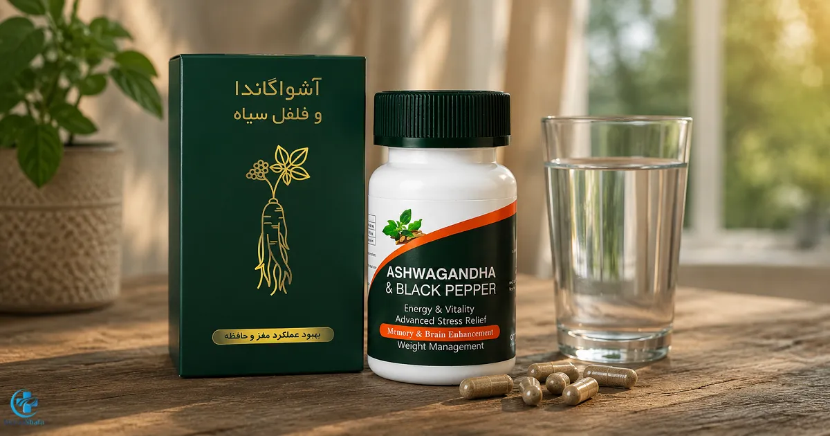 کپسول مکمل آشواگاندا در کنار یک لیوان آب برای نمایش نحوه مصرف آشواگاندا