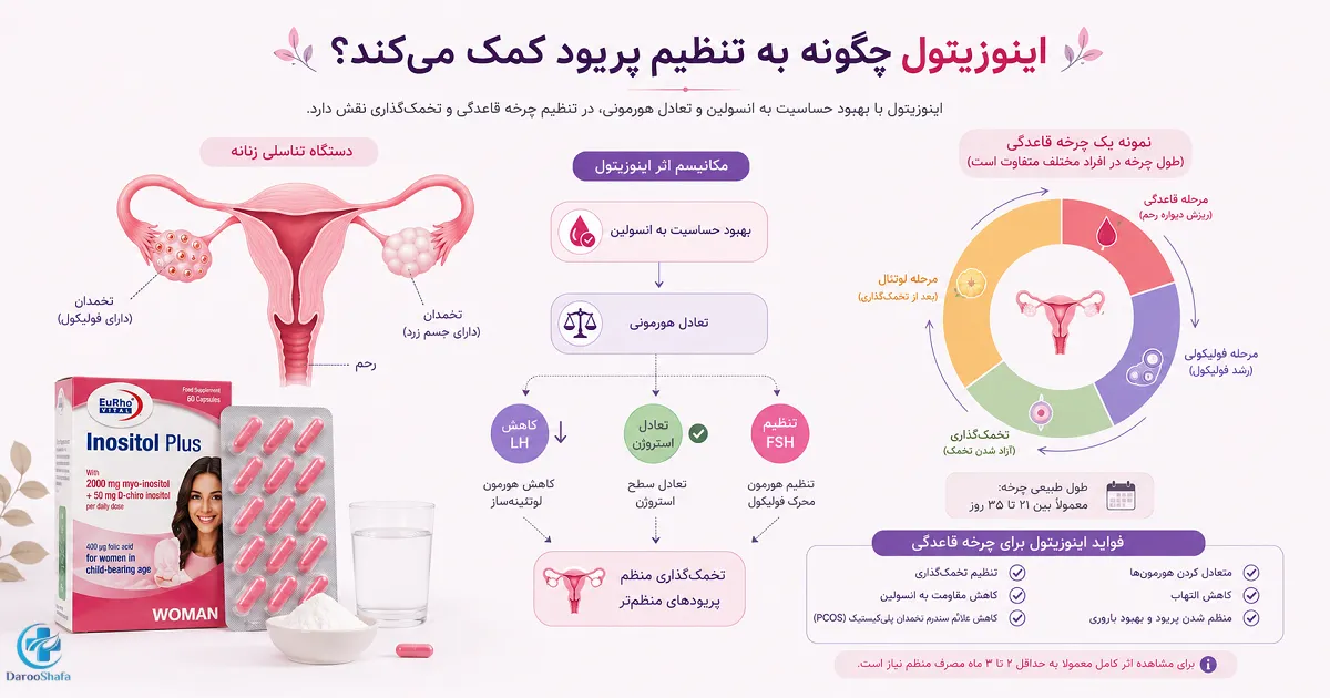 اینفوگرافیک نحوه تأثیر اینوزیتول بر حساسیت به انسولین، تعادل هورمونی، تخمک‌ گذاری و تنظیم چرخه قاعدگی