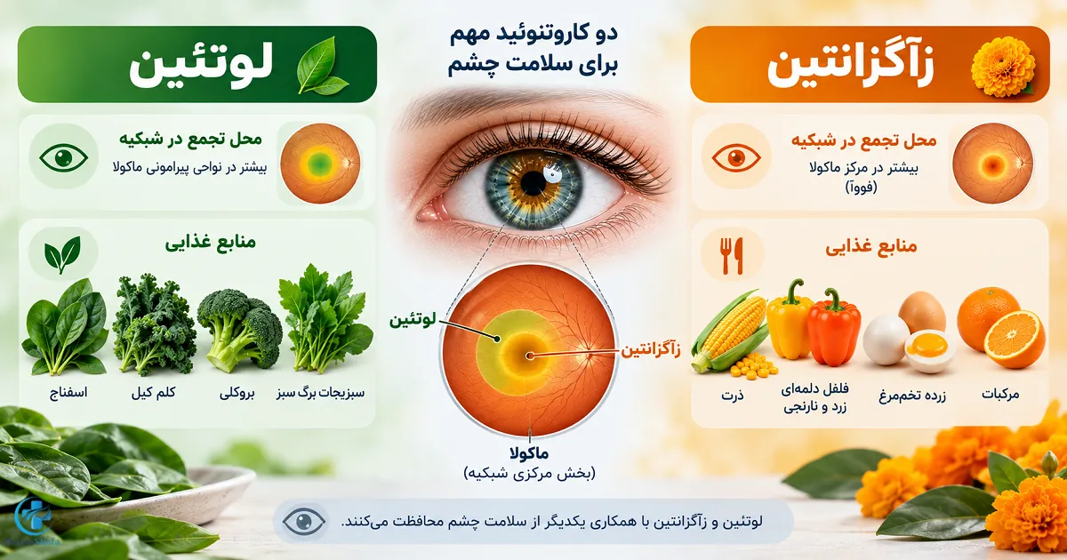مقایسه محل تجمع لوتئین و زاگزانتین در ماکولا و منابع غذایی آنها
