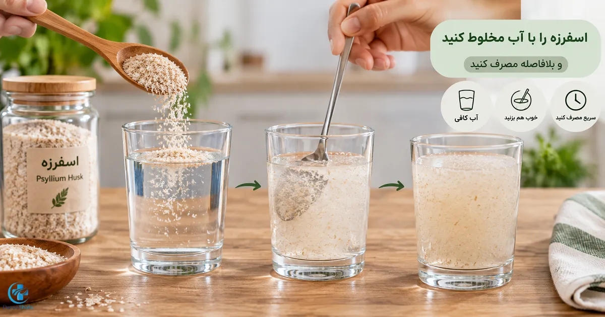 آموزش روش مصرف اسفرزه با ریختن پسیلیوم در آب، هم زدن و نوشیدن سریع مخلوط