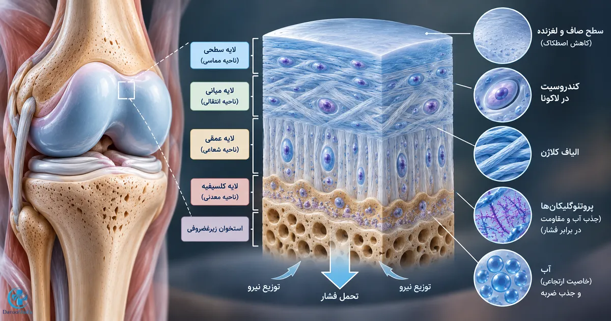 ساختار لایه های غضروف مفصلی شامل لایه سطحی، میانی، عمقی و کلسیفیه