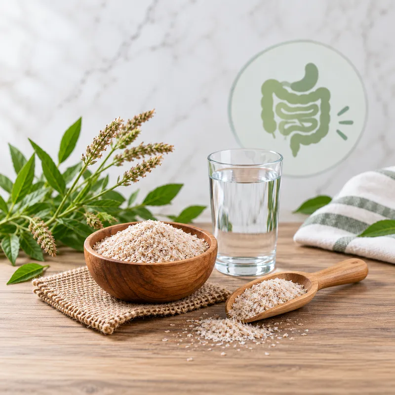 پسیلیوم یا پوسته اسفرزه در کنار یک لیوان آب برای کمک به درمان یبوست