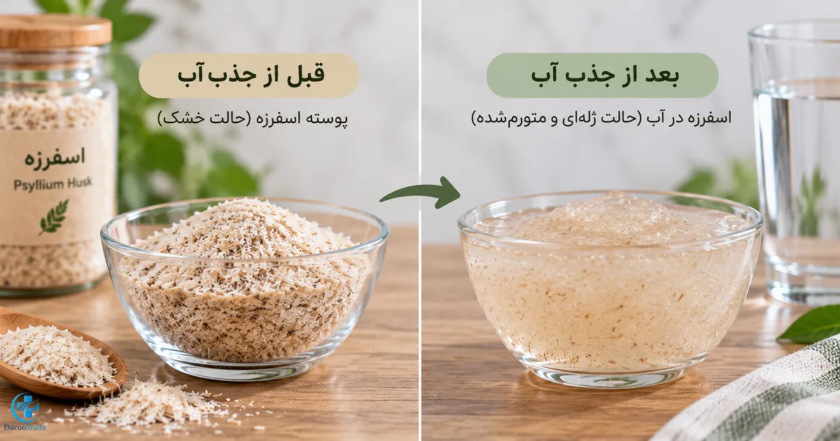 مقایسه پوسته اسفرزه خشک با پسیلیوم متورم و ژله‌ ای بعد از جذب آب
