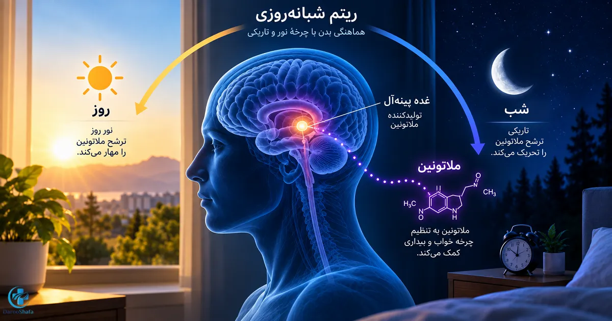 نحوه ترشح ملاتونین از غده پینه آل و تنظیم ریتم شبانه روزی بدن در تاریکی و روشنایی