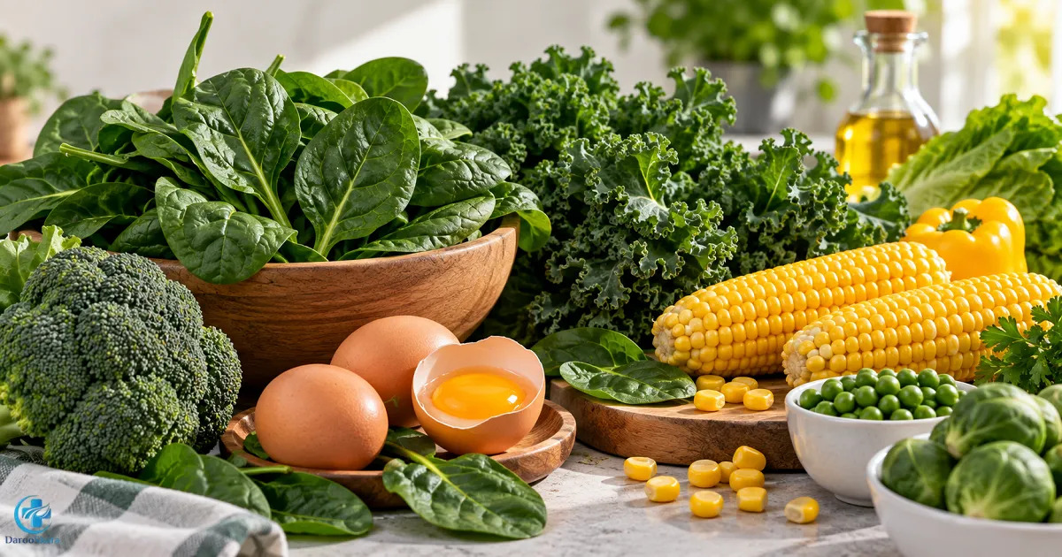 منابع غذایی لوتئین شامل اسفناج، کلم کیل، بروکلی، ذرت، نخود فرنگی و تخم مرغ
