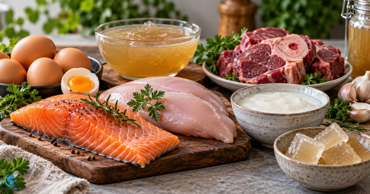 ماهی، مرغ، تخم مرغ، گوشت، ماست و ژلاتین به عنوان منابع پروتئینی برای تقویت غضروف