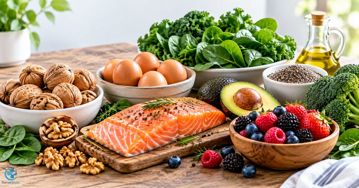 ماهی سالمون، گردو، تخم مرغ، سبزیجات، آووکادو و توت برای سلامت مغز و حافظه