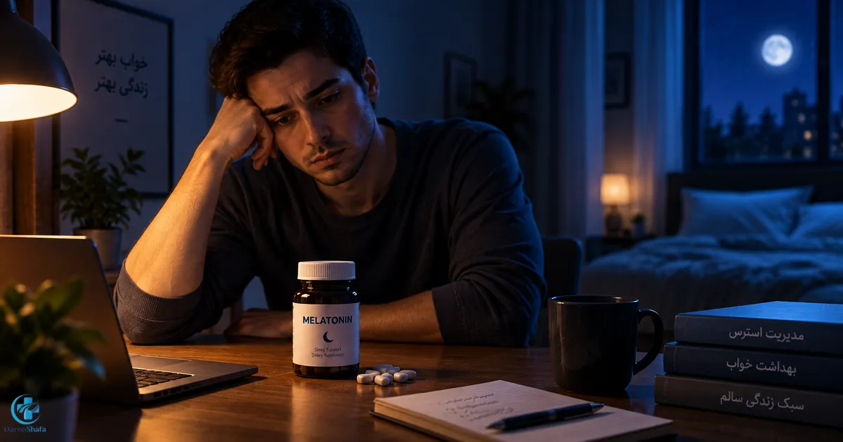 فرد مبتلا به بی خوابی در کنار قرص ملاتونین و نگرانی درباره وابستگی به ملاتونین