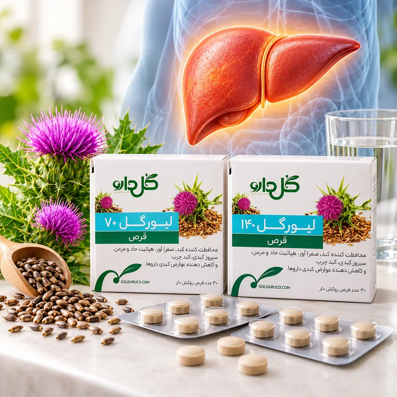 قرص لیورگل ۷۰ و ۱۴۰ گل دارو در کنار گیاه خار مریم و تصویر شماتیک کبد انسان