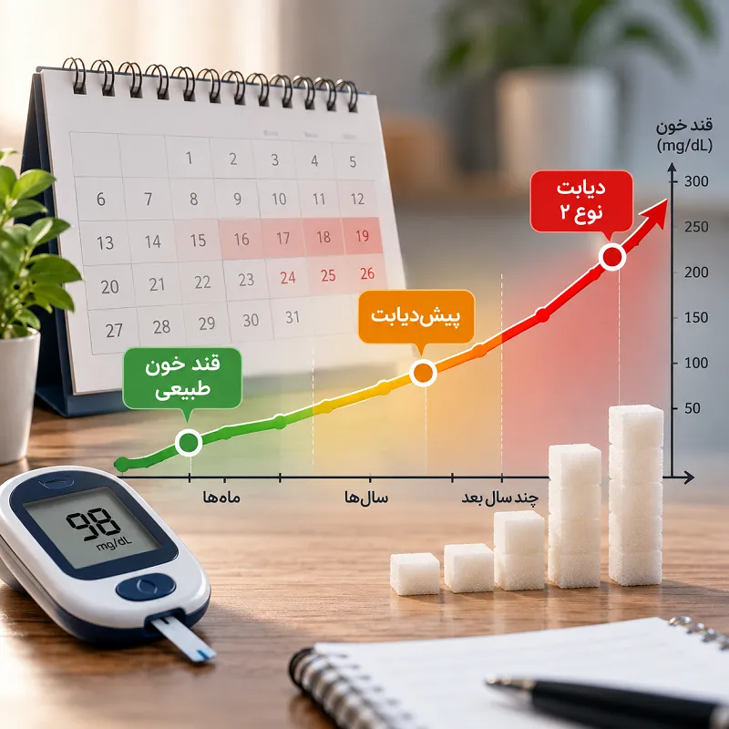 مدت زمان تبدیل پیش دیابت به دیابت نوع ۲ و افزایش تدریجی قند خون